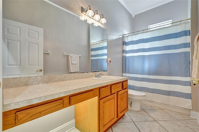 bathroom with tile patterned flooring, a shower with shower curtain, crown molding, vanity, and toilet