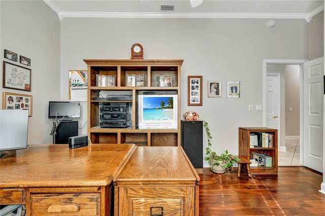 office space featuring crown molding and dark hardwood / wood-style floors