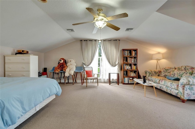 bedroom featuring lofted ceiling, carpet flooring, and ceiling fan