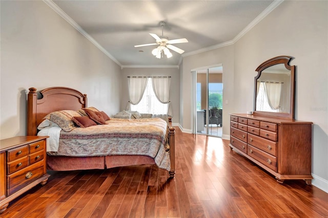 bedroom with ceiling fan, dark hardwood / wood-style floors, access to exterior, and crown molding