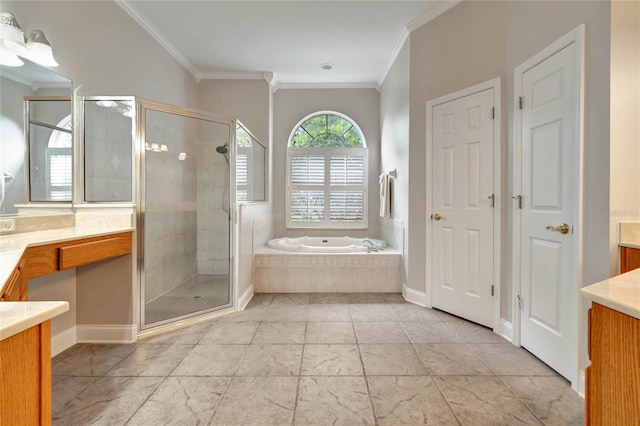 bathroom with independent shower and bath, vanity, and ornamental molding