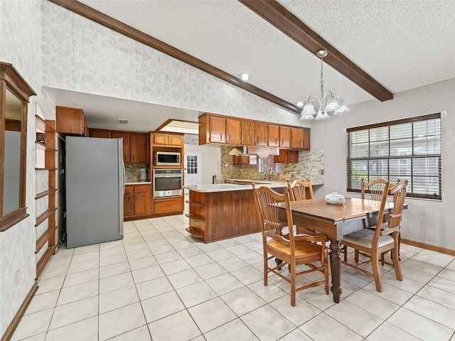 tiled dining room with an inviting chandelier, a textured ceiling, and lofted ceiling with beams