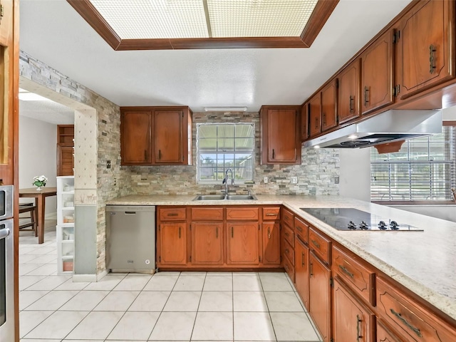 kitchen with backsplash, sink, light tile floors, dishwasher, and black electric stovetop