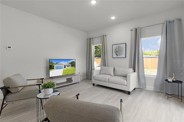 living room featuring plenty of natural light and light hardwood / wood-style flooring