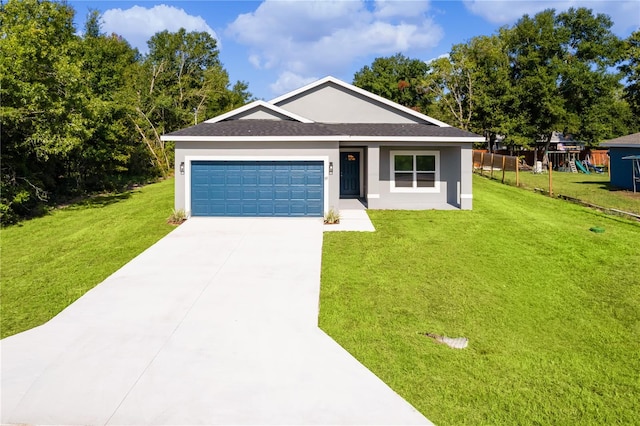 view of front facade with a playground, a garage, and a front lawn