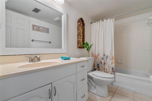 full bathroom with tile flooring, oversized vanity, toilet, and shower / bathtub combination with curtain