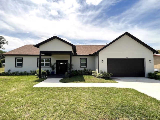 ranch-style house with a front yard and a garage