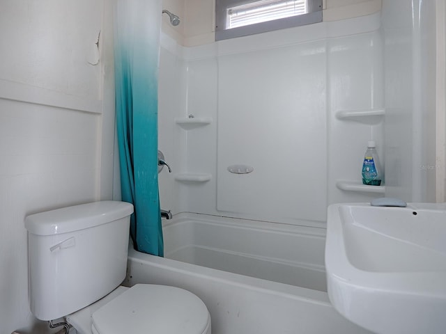 bathroom with toilet and shower / bathtub combination with curtain