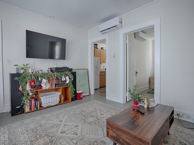 living room featuring a wall mounted AC and ornamental molding