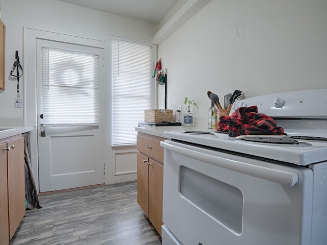 kitchen with white range oven, plenty of natural light, and light wood-type flooring