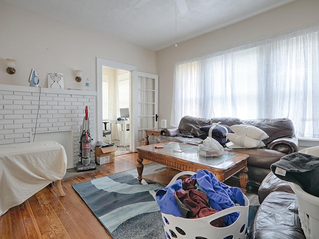 living room with hardwood / wood-style floors and ceiling fan