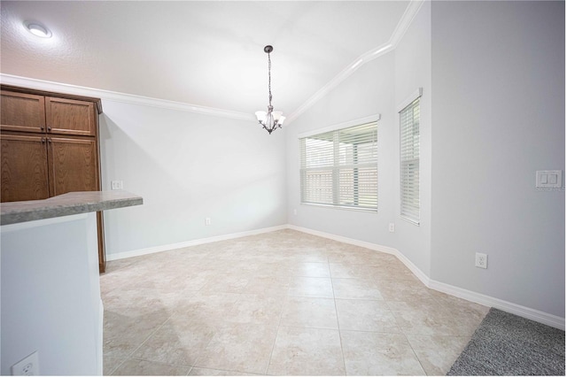 tiled empty room with ornamental molding, vaulted ceiling, and an inviting chandelier