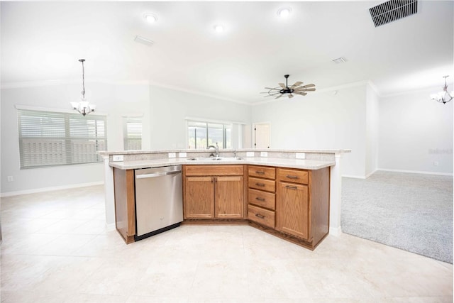 kitchen featuring crown molding, dishwasher, a center island with sink, decorative light fixtures, and ceiling fan with notable chandelier