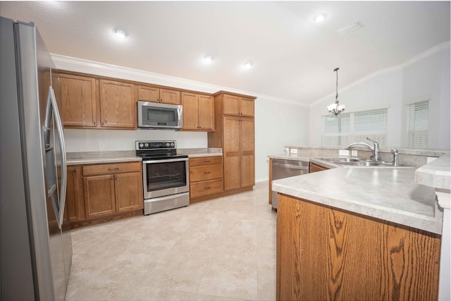 kitchen with a chandelier, stainless steel appliances, light tile floors, hanging light fixtures, and sink