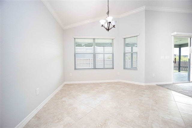 empty room featuring an inviting chandelier, a wealth of natural light, ornamental molding, and light tile floors