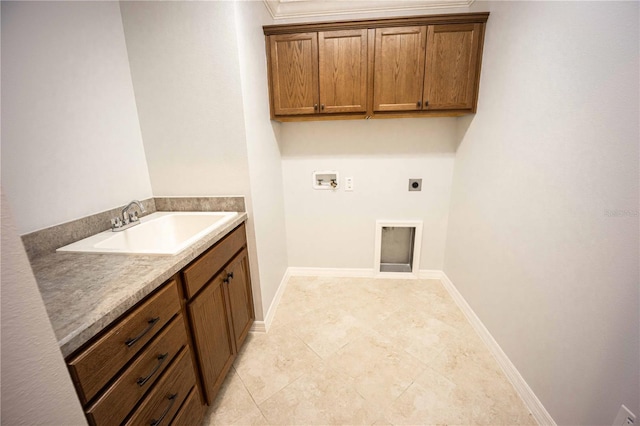 laundry room featuring light tile floors, hookup for an electric dryer, cabinets, hookup for a washing machine, and sink