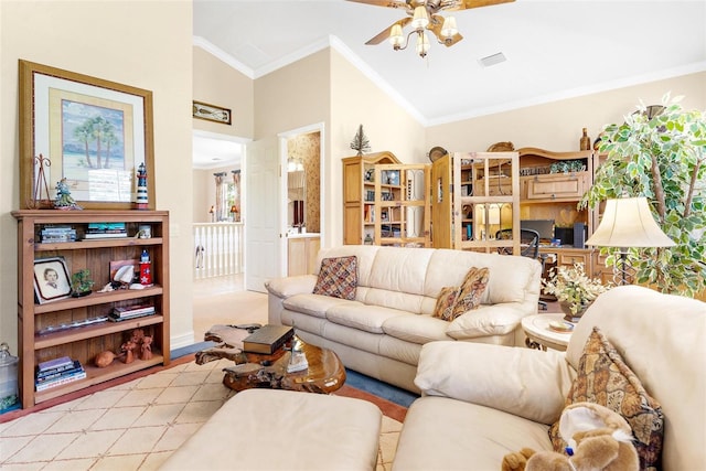 living room featuring ceiling fan, vaulted ceiling, and crown molding