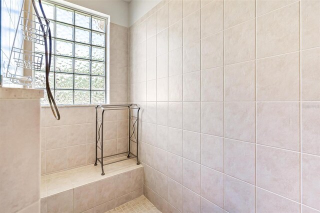 bathroom with tiled shower and a wealth of natural light