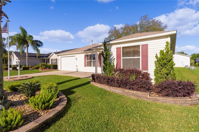 ranch-style house featuring a front yard and a garage