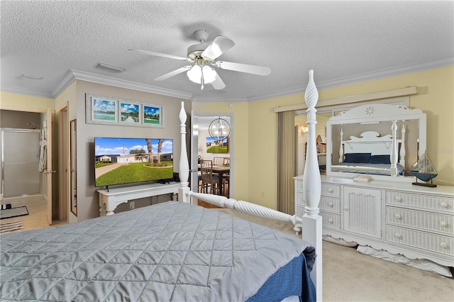 carpeted bedroom with ceiling fan, a textured ceiling, and crown molding