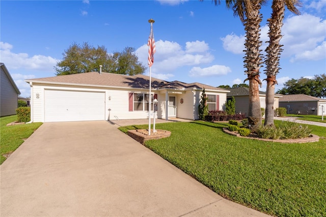 single story home with a front yard and a garage