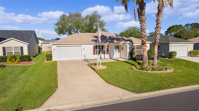 ranch-style house with a front yard and a garage