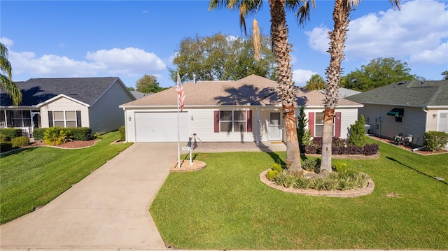 ranch-style house with a front lawn and a garage