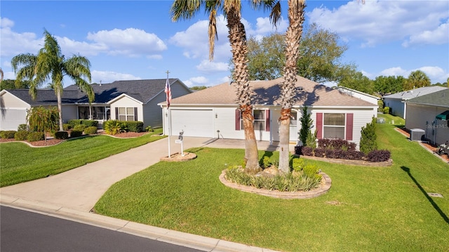 ranch-style home featuring central AC, a front lawn, and a garage