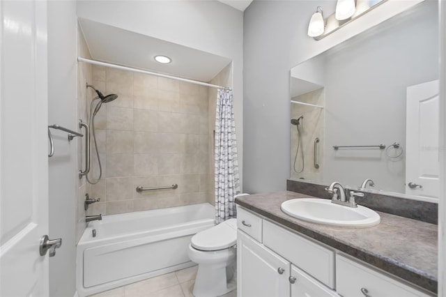 full bathroom with shower / tub combo with curtain, vanity, tile floors, and toilet