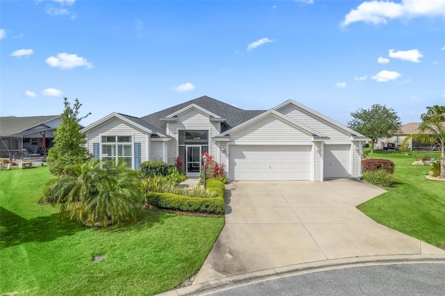 ranch-style home with a garage and a front lawn