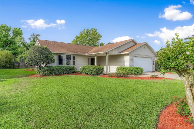 ranch-style home with a front lawn and a garage