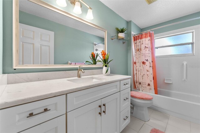 full bathroom with tile flooring, a textured ceiling, shower / bath combo, toilet, and vanity