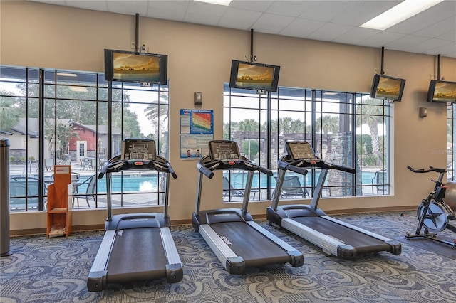 exercise room featuring a paneled ceiling, a wealth of natural light, and dark colored carpet