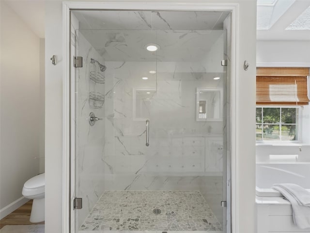 bathroom featuring walk in shower, wood-type flooring, and toilet