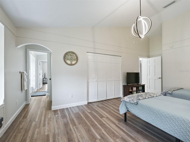 bedroom with vaulted ceiling, light wood-type flooring, and a closet