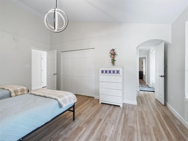 bedroom with lofted ceiling, light wood-type flooring, and a closet