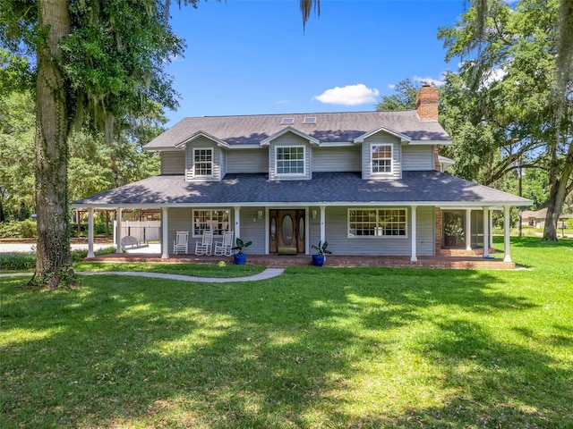 farmhouse-style home featuring a porch and a front yard