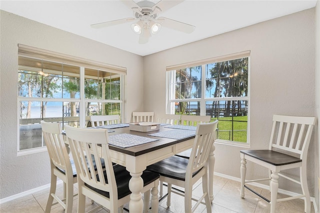 tiled dining area featuring a healthy amount of sunlight and ceiling fan