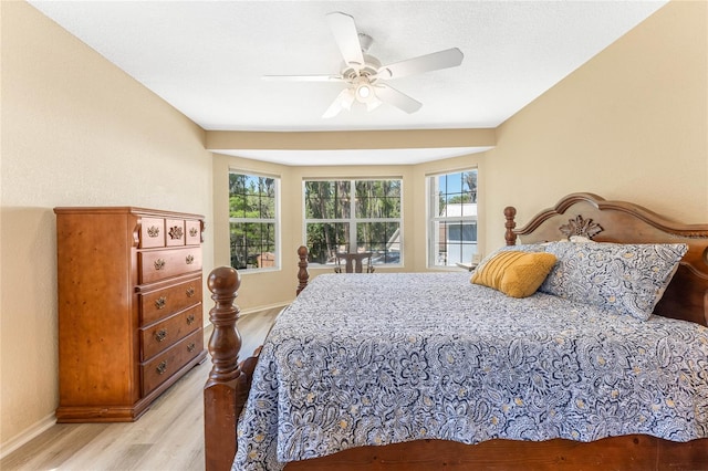 bedroom with ceiling fan and light wood-type flooring