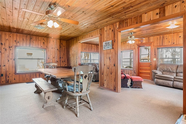 dining room featuring light colored carpet, ceiling fan, wooden walls, and wood ceiling