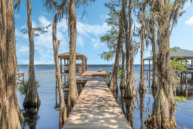 view of dock with a water view