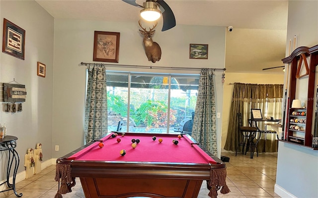 rec room featuring ceiling fan, light tile flooring, and pool table