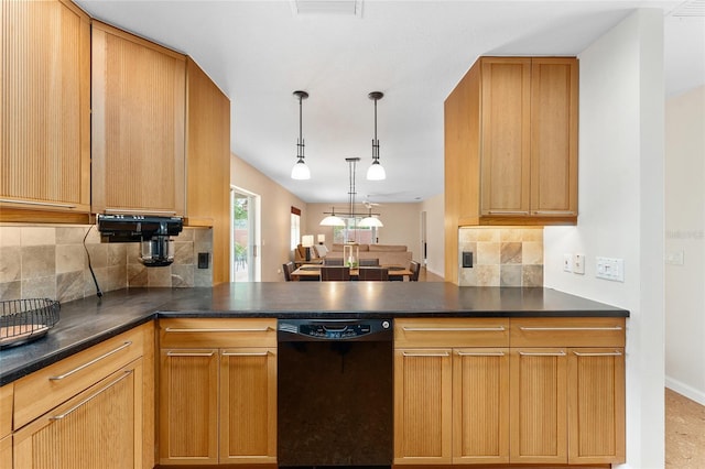 kitchen with backsplash, black dishwasher, hanging light fixtures, and kitchen peninsula