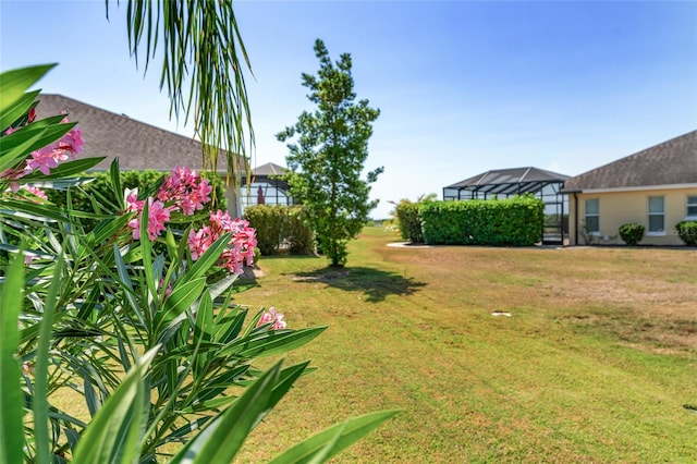 view of yard with glass enclosure