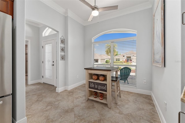 interior space featuring ceiling fan and ornamental molding