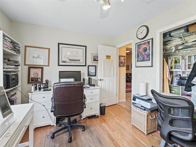 home office featuring light hardwood / wood-style floors and a textured ceiling