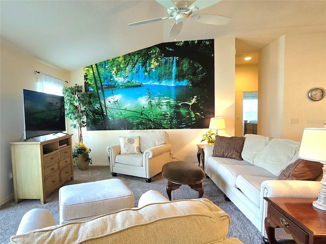 carpeted living room with ceiling fan