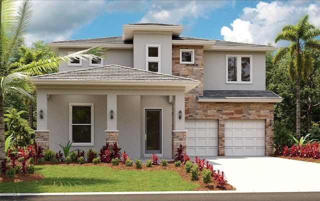 prairie-style house with a front lawn and a garage