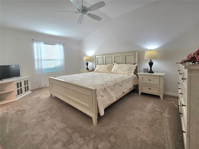 carpeted bedroom with lofted ceiling and ceiling fan