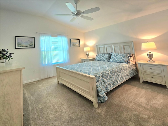 bedroom with carpet, ceiling fan, and lofted ceiling